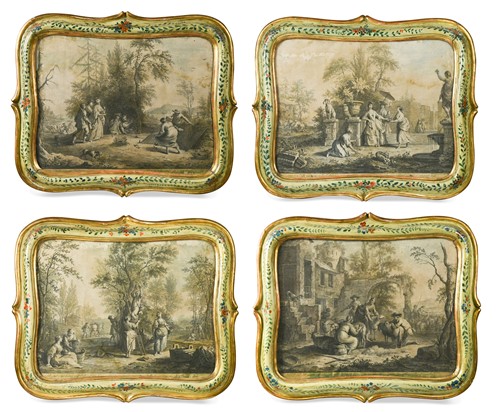 Lot 621 - A set of four decorative 18th century engravings in later Venetian painted and carved wood rococo frames
