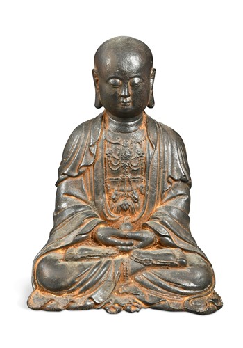 Lot 61 - A Chinese cast iron seated meditating Lohan Ksitigarbha, probably 17th century