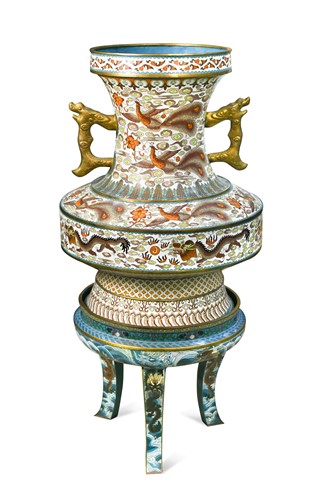 Lot 75 - A Chinese cloisonné enamel large vase on tripod stand, 20th century