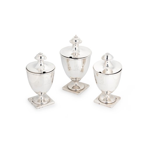 Lot 574 - A set of 3 George III 18th century silver sugar vases with covers