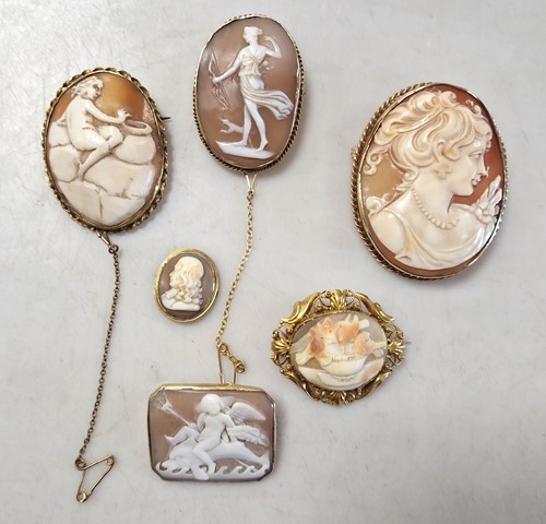 Lot 337 - Six cameos, the mounts all tested as 9ct gold (6)