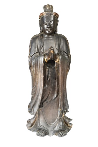 Lot 49 - A Chinese carved wood standing devotional figure, 18th or 19th century