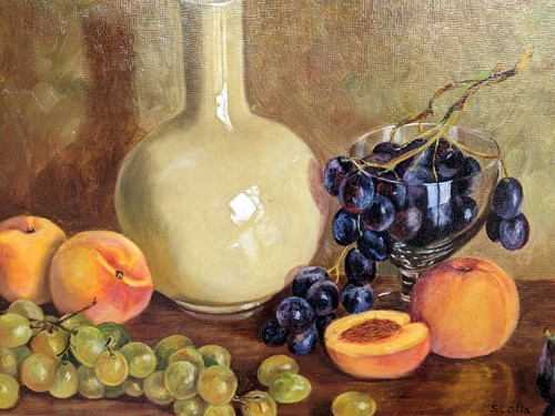 Lot 493 - Late 20th century, Still life of fruits around...