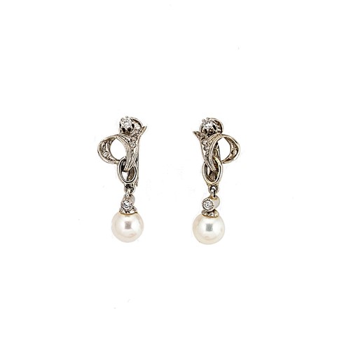 Lot 89 - A pair of pearl and diamond ear pendants