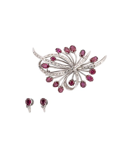 Lot 204 - A ruby and diamond spray brooch together with a pair of ear studs