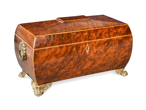 Lot 550 - A Regency burr yew and inlaid bombe form sarcophagus tea caddy