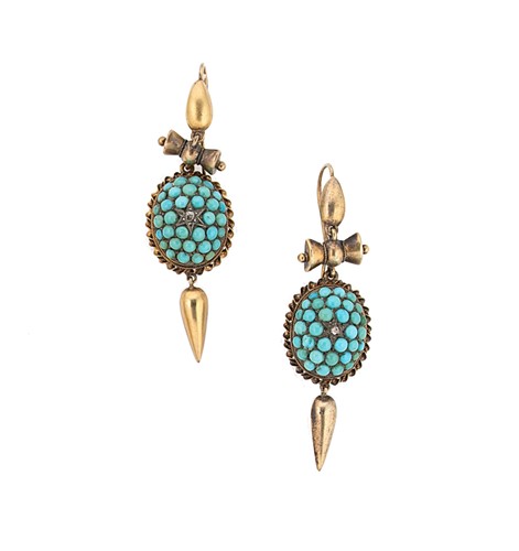 Lot 192 - A pair of Etruscan revival turquoise and diamond ear pendants