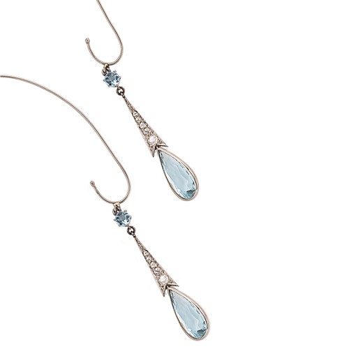 Lot 223 - A pair of aquamarine and diamond ear pendants