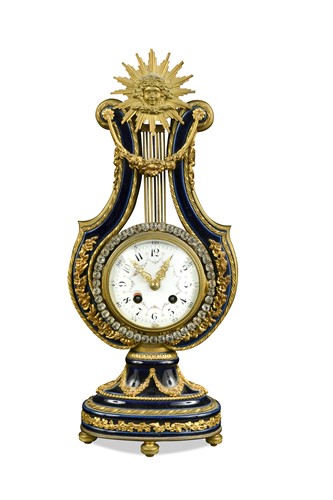 Lot 358 - A French blue porcelain and gilt metal mounted lyre mantel clock, late 19th century