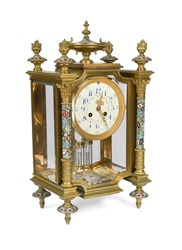 Lot 365 - A French brass and enamelled mantel clock, late 19th century