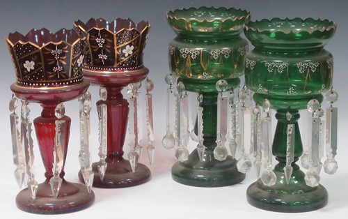 Lot 16 - Two pairs of Victorian glass lustres, 33cm...