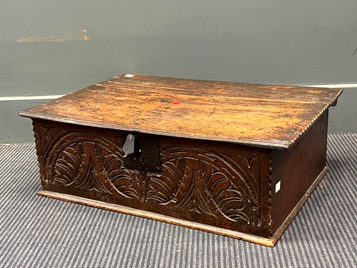 Lot 576 - A 17th century oak Bible box with carved front,...