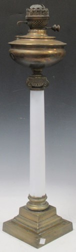 Lot 38 - A white opalescent glass column oil lamp with...