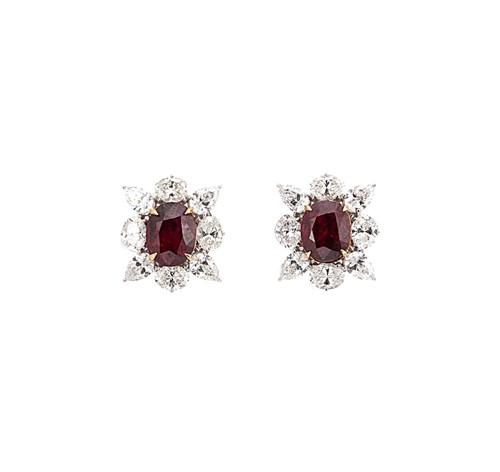 Lot 285 - A pair of Burmese ruby and diamond cluster ear studs