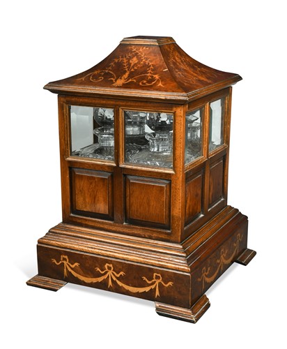 Lot 553 - An inlaid walnut and burr walnut table decanter cabinet, 20th century