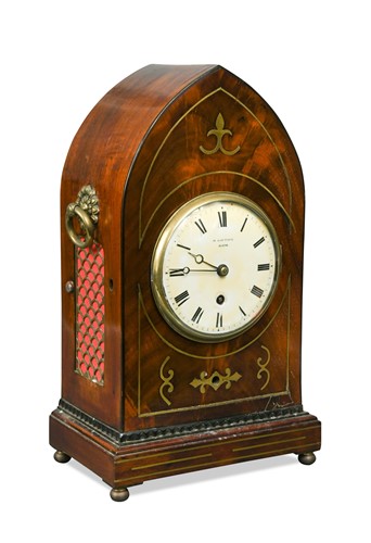 Lot 42 - A mahogany and brass inlaid lancet top mantel timepiece, 19th century