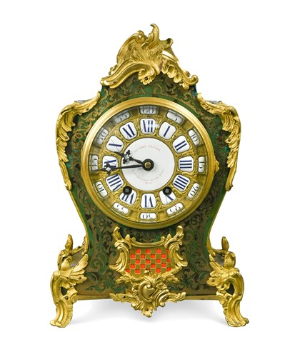 Lot 395 - A French green stained tortoiseshell and brass inlaid mantel clock, 19th century