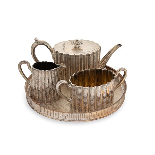 Lot 617 - A Victorian silver 3-piece tea set on a silver plated tray