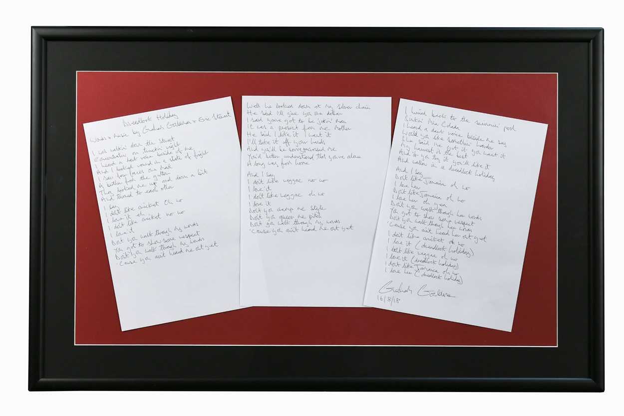 Lot 125 - Graham Gouldman - 10CC, a set of handwritten lyrics for Dreadlock Holiday, 2018