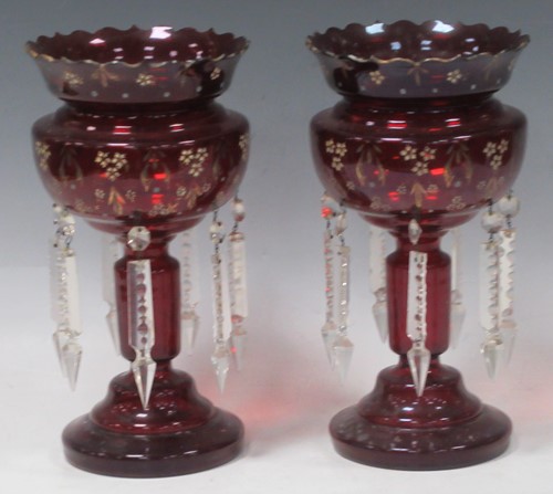 Lot 2 - A pair of ruby glass lustres, 28cm high