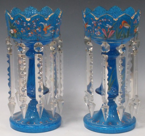 Lot 9 - A pair of Victorian blue glass lustres, 34cm high