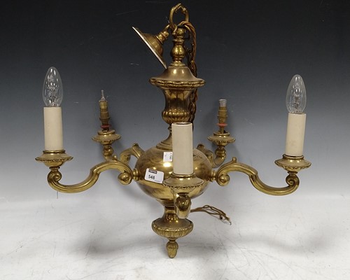 Lot 67 - A brass five light chandelier, together with...