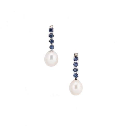 Lot 244 - A pair of pearl and sapphire ear pendants