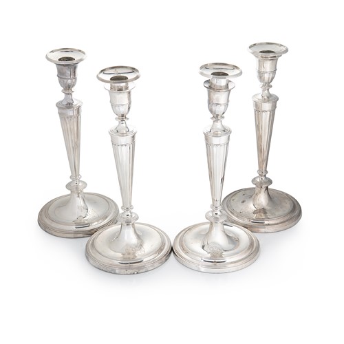 Lot 579 - A set of 4 George III 18th century silver candlesticks, mark of John Schofield