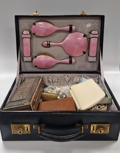 Lot 366 - A silver and enamel dressing table set,...