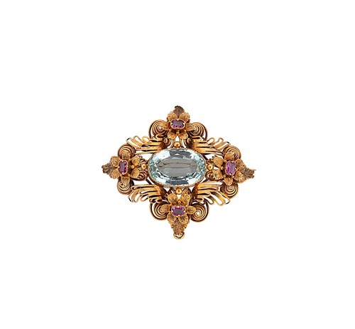 Lot 224 - A 19th century aquamarine and ruby brooch