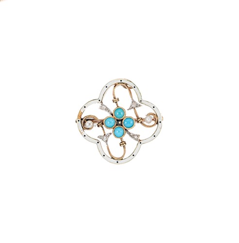 Lot 47 - A turquoise, pearl, diamond and enamel brooch