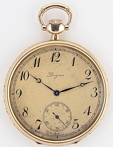 Lot 332 - Longines - A Swiss 14ct gold open faced pocket watch