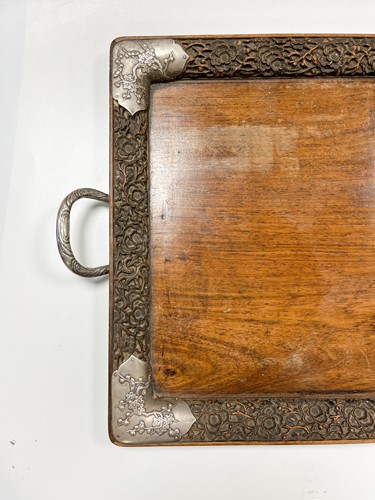 Lot 68 - A Cantonese hardwood and silver mounted two-handled tray