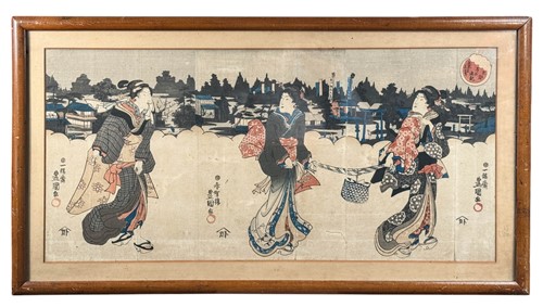 Lot 65 - A Japanese triptych woodblock print, Kunisada (1786-1865)
