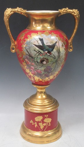 Lot 71 - A Victorian hand painted twin handled vase on...