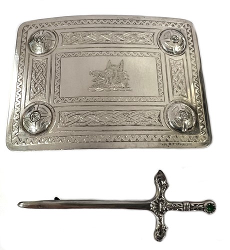 Lot 498 - A 20th century silver and diamond set Highlander's dress belt buckle and a silver kilt pin