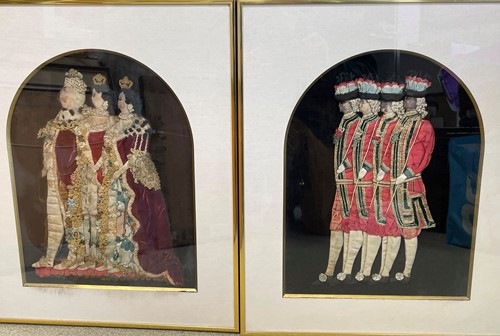 Lot 238 - A pair of later framed stumpwork textile...