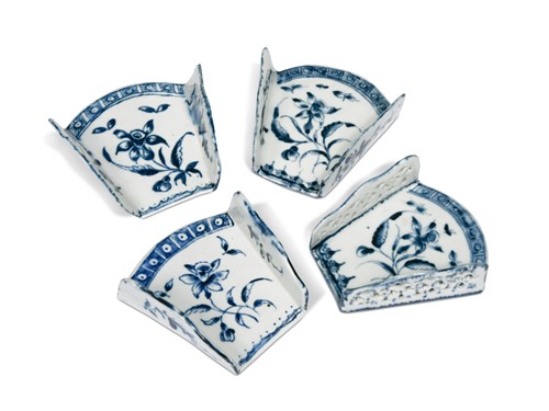 Lot 124 - A set of three Derby Narcissus pattern blue and white asparagus servers, circa 1770