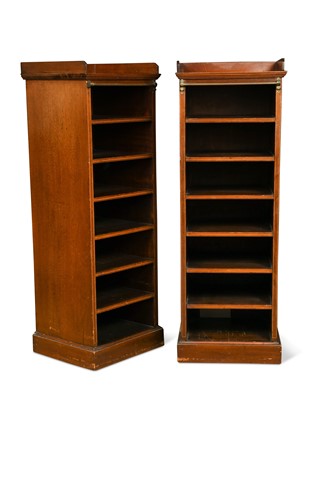 Lot 614 - A pair of Edwardian narrow mahogany music cabinets