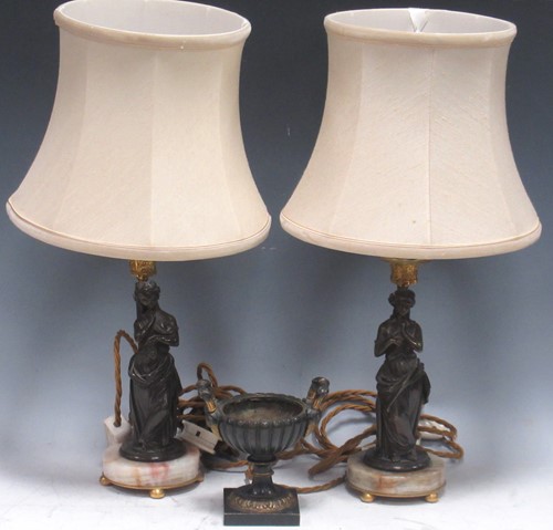 Lot 69 - A pair of bronze lamps modelled as classical...