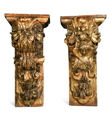 Lot 753 - A near pair of substantial continental gilt carved wood wall brackets, late 19th century