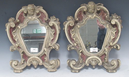 Lot 143 - A pair of Italian cartouche shaped painted...