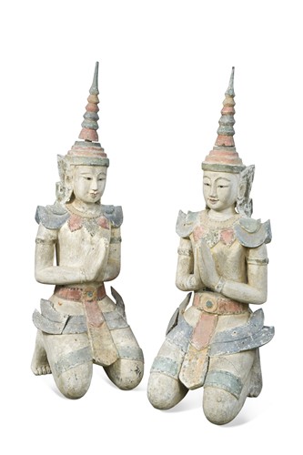 Lot 156 - A pair of Burmese carved wood and polychrome painted Bodhisattvas