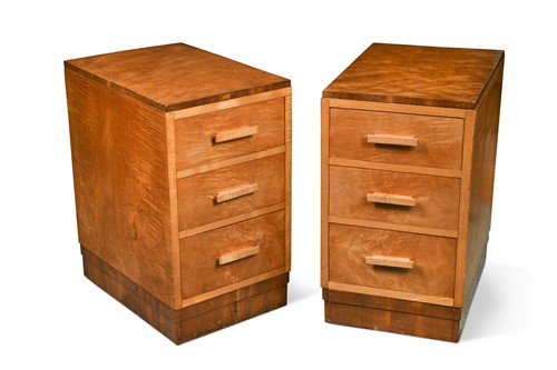 Lot 182 - A pair of Art Deco period 'tiger' maple and walnut bedside cabinets