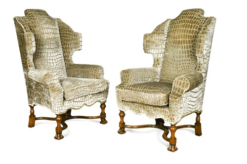 Lot 512 - A large pair of William & Mary style wing back armchairs, 20th century