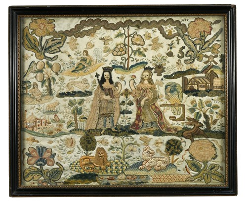 Lot 55 - A stumpwork picture of Charles II and Catherine of Braganza, dated 1670