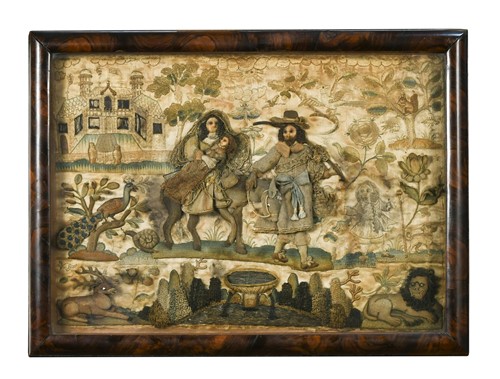 Lot 56 - A stumpwork picture depicting the Flight into Egypt, 17th century