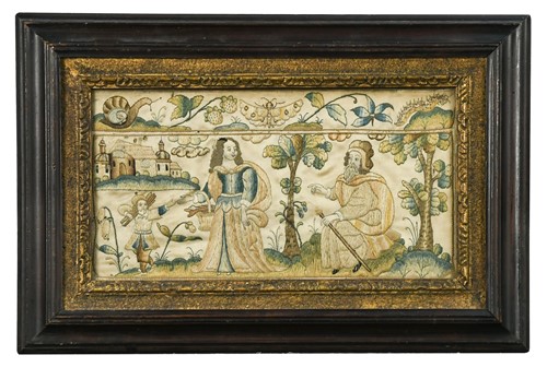 Lot 54 - A small stumpwork panel of a lady and gentleman, 17th century