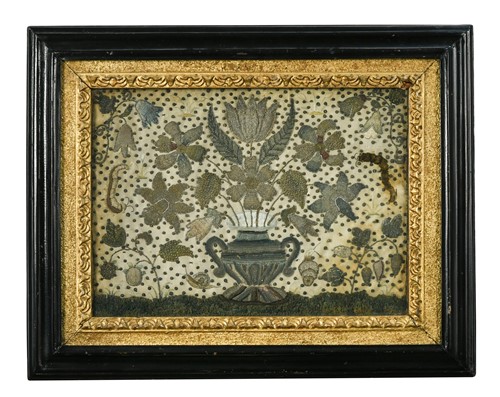 Lot 53 - A metal thread and silk stumpwork rectangular panel, late-17th century