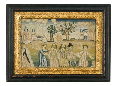 Lot 52 - A needlework depicting the angels visiting Lot and his daughters, 17th century